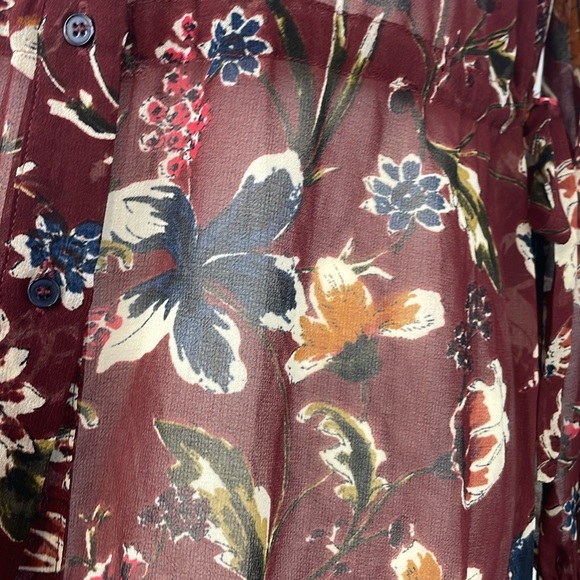 Zara Basic Maroon Floral Semi Sheer Long Cardigan Length Blouse. Size XS - Picture 4 of 16